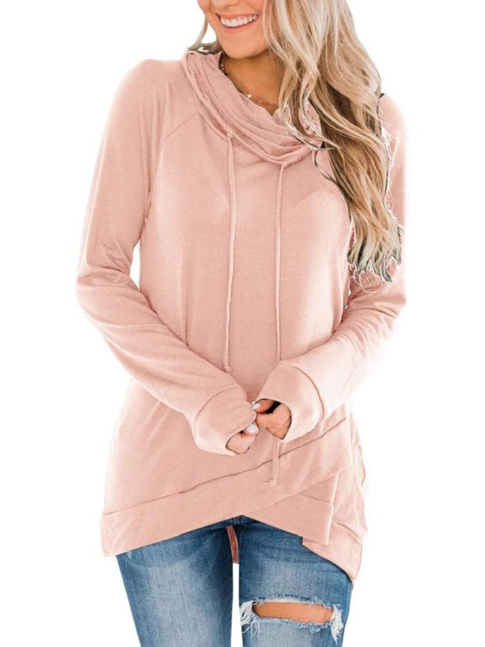 Cozy Cowl Neck Long Sleeve Tunic Top - Casual Drawstring Pullover Sweatshirt